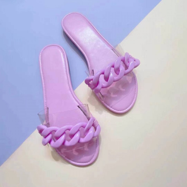 Kvinnersandaler Strand Åpen Tå Flat Slippers Transparent  Mote Fargerik Kjede Klar Slide Flip Flops Slip on Utendørs Strand ----- Lilla （Størrelse 40）