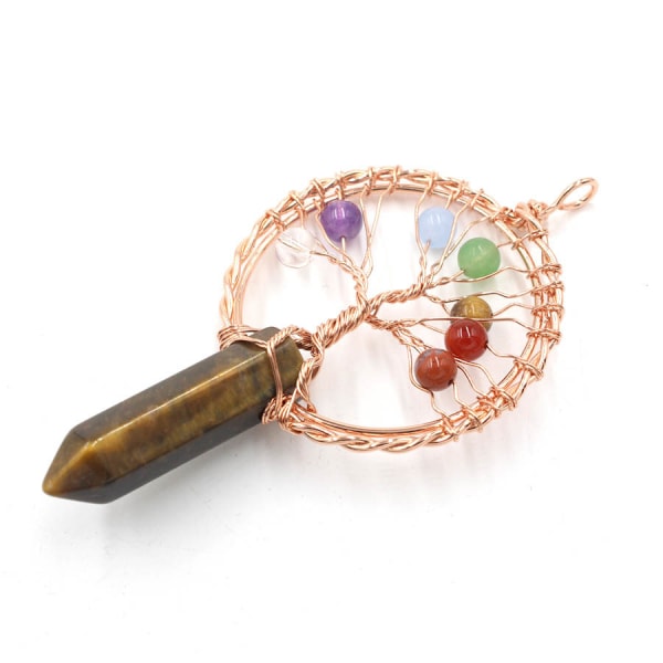 Tree Life Hänge Tree Life Bergkristall Hänge Halsband Chakra Ädelsten Koppartråd Wrap Hänge（Tigereye）