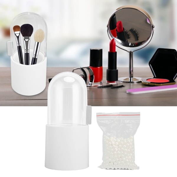 Makeup børsteholder transparent cover vandtæt støvtæt sideåbning perlefyld kosmetik opbevaringsbeholder til badeværelse hvid