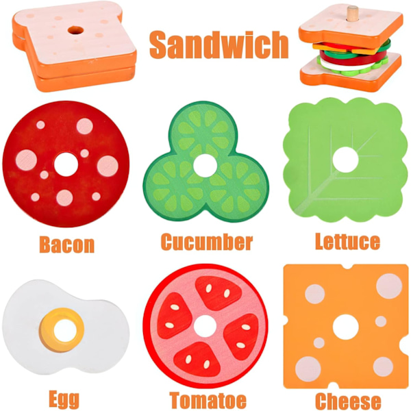 Træ Sandwich Stakke Legetøj til Børn, Leg Falsk Mad Legetøj til Småbørn, Montessori Legetøj til 3 År Gamle, Førskolepædagogisk Legetøj