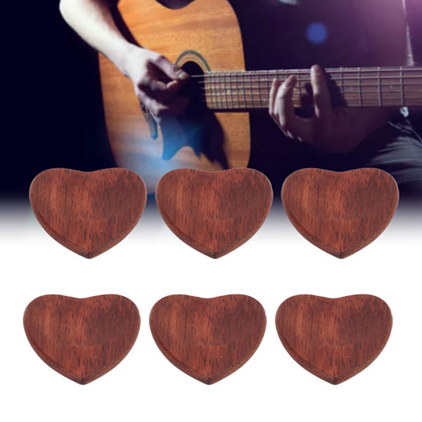 6 st gitarrplektrum i trä, hjärtformade, gratfria, släta yta, gitarraccessoarer för gitarrist