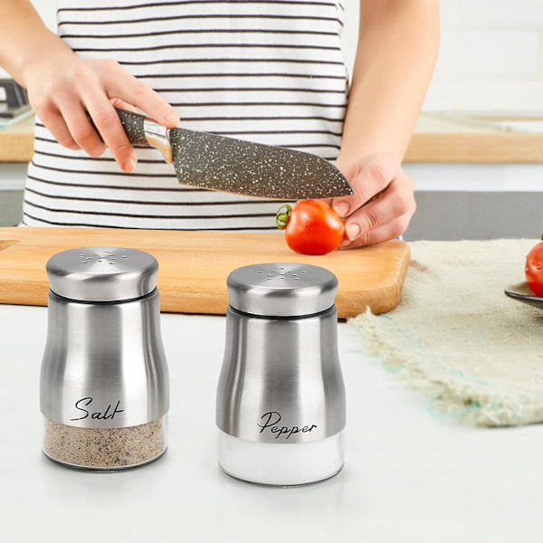 Salt- og pebersæt, 5oz rustfrit stål salt- og peberdryssere krydderikontainer med glasbund til hjemmelavet madlavning Silver