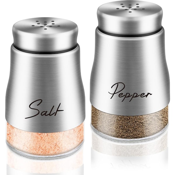 Salt- og Pepperdryssere Sett, 5 oz Glassbunn Rustfritt Stål Drysser med Lopp for Kjøkkenutstyr Dekor Matlaging Bord Husvarming Silver