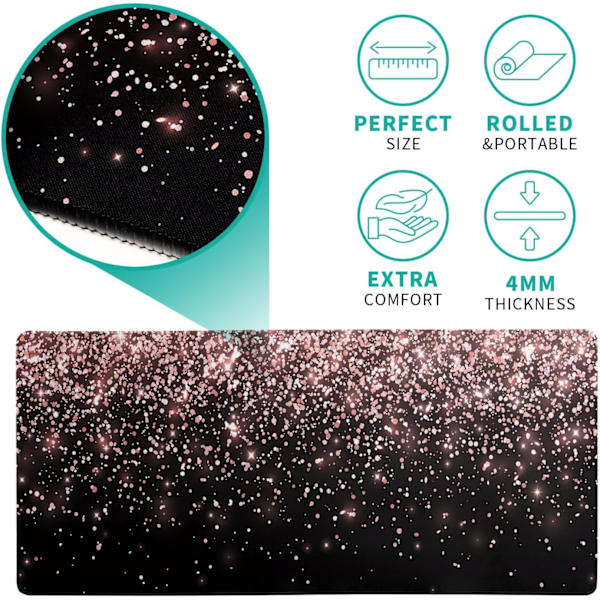 Roseguld Glitter Sort Gaming Mousepad, Udvidet Stor Mouse Mat Skrivebordsunderlag, Skrivebordsunderlag XL Mousepad, 3mm Tyk Lang Skridsikker Gummi