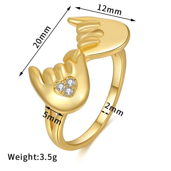 Love Hand Sign Rings for Women - Nyhet Hjärtform Retro Legering Ringar Smycken Tillbehör Presenter Guld, Storlek:6