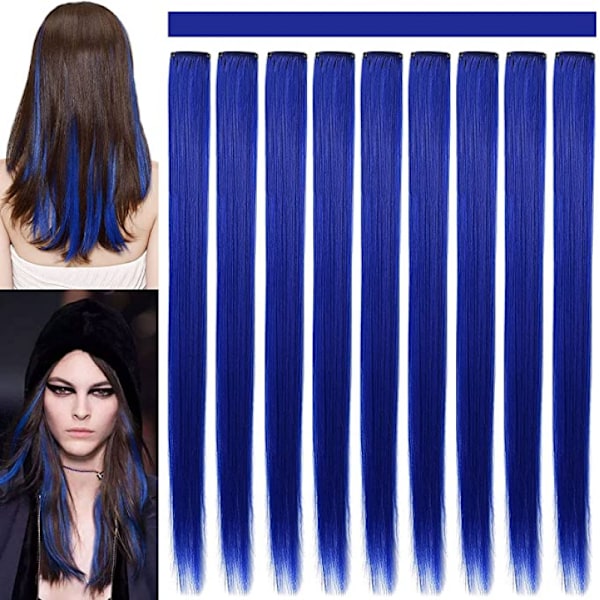 9PCS 21\" Fargede Clip-in Hårextensions Blå Hårextensions for Barn Jenter Clip-in Blå Hårclips Hårextensions for Barn Fest Høydepunkter (Blå)