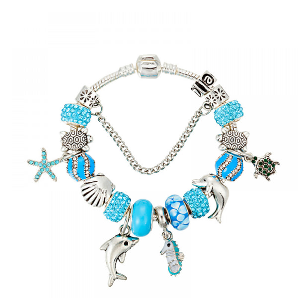 Charmarmband för damer, blåglaserat pärlarmband, Dolphin Starfish Seahorse-hänge, presenter för damer, flickstorlek: 6,69 tum;{17cm}<