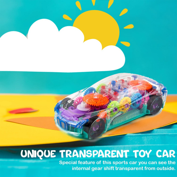 Transparent leksaksbil för småbarn – genomskinlig elbil, mekanisk batteridriven racerbilleksak med synliga färgade växlar, LED-ljus, musik,