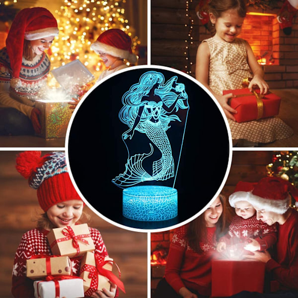 Qinwei Mermaid 3D Illusion Lampe til Pige Mermaid Lampe Jule Fødselsdagsgave Den Lille Havfrue LED Nattelys 16 Farver Skiftende til Børn Dreng Chil