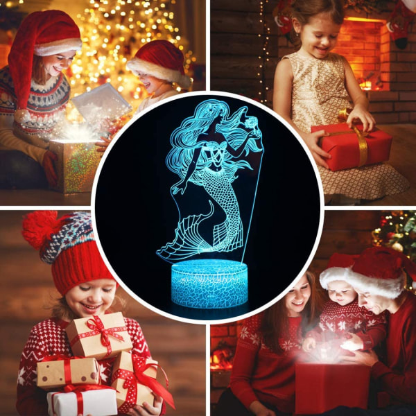 Qinwei Mermaid 3D Illusion Lampe til Pige Mermaid Lampe Julefødselsdagsgave Den Lille Havfrue LED Nattelys 16 Farver Skiftende til Børn Dreng Chil