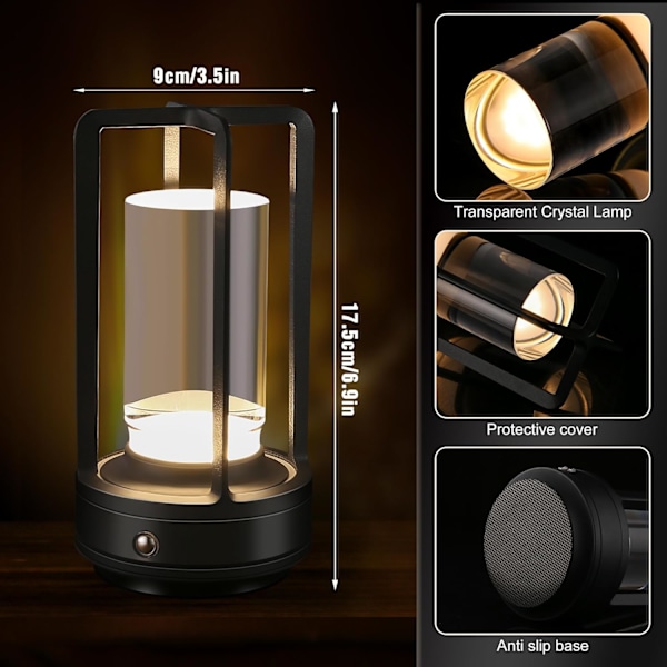 Portabel Metallbordslampa för Inomhus/Utomhusbruk, Uppladdningsbar Sladdlös LED-lampa, 3-Färgs Steglös Dimning Batteridriven Liten Skrivbordslampa black