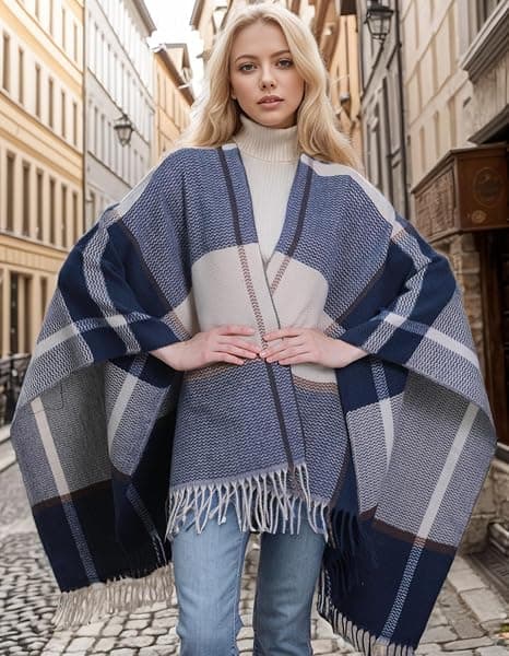 Dame Shawl Wraps Åben Front Rejse Poncho Kappe Varmt Oversized Plaid Trøjer Casual Cardigan Shawls til Efterår Vinter, Blå