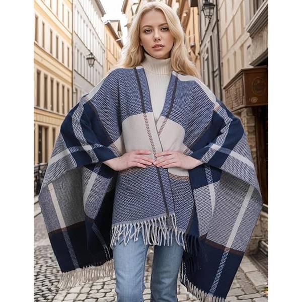 Damkoftor med öppen front, sjal, poncho, kappa, varm, stor, rutig, casual, höst, vinter, marinblå