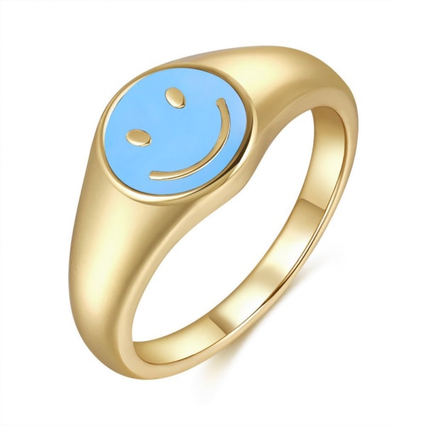 Guld Smiley Face Ring Signet, Vintage Golden Gifts Smycken, Estetisk Söt Leende Statement Ringar För Kvinnor Flickor, Blå, Storlek: 9
