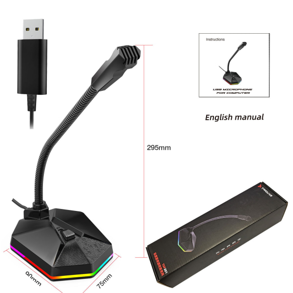USB-skrivebords mikrofon, RGB lysende bøyelig mikrofon, plug and play kondensator, stemmechat, videokonferanse mikrofon