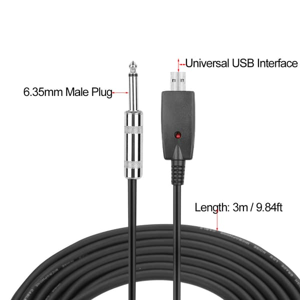 3M Elektrisk gitarr 6,35 mm hane till PC USB-gränssnittskonverteringskabeladapter