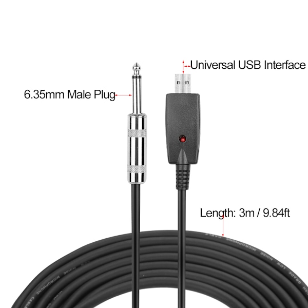 3M elektrisk guitar 6,35 mm han-stik til PC USB-interface konverterkabeladapter