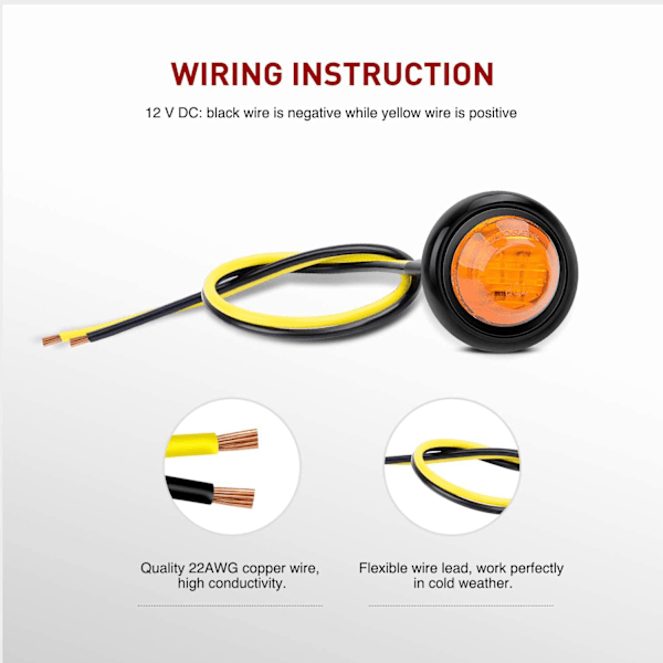 10 stk. 3/4” runde LED-positionslygter til forreste, bageste og sideindikatorer til lastbil, autocamper, bil, bus, trailer, campingvogn, båd (12V, ravfarvet)