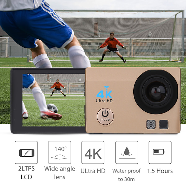 4K Wifi FHD Full HD 1080P Sportkamera Videokamera med Controller (Guld)