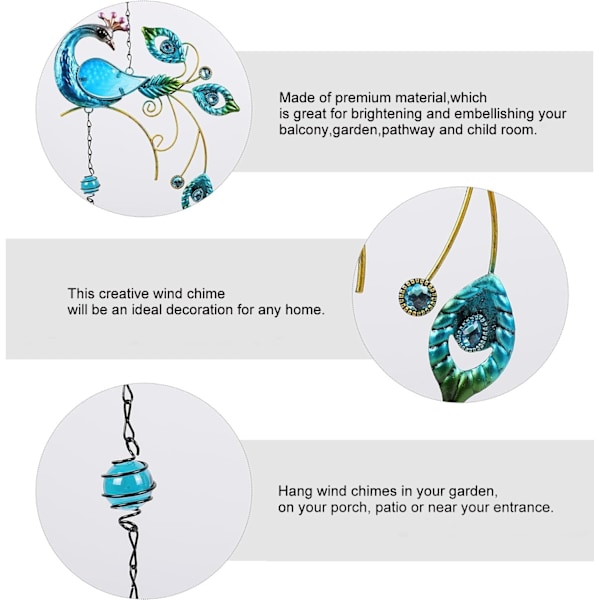 Blå påfågelklockor, Glasvindspel för Hem, Fest, Festival Dekoration, Trädgårdsdekoration Inomhus/Utomhus, Livsliknande Blue Peacock Bell