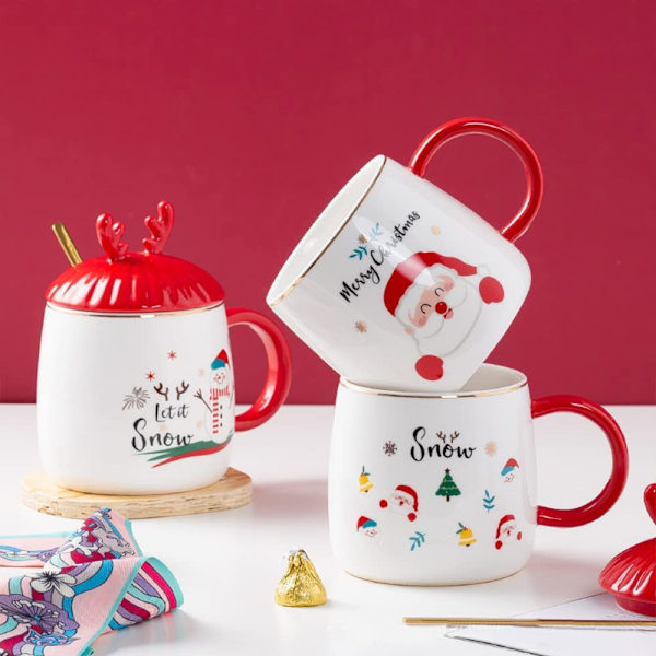 Söt mugg jul kaffemugg, högkvalitativ keramik, hög temperaturbeständig, 15oz med 3D-lock och sked, julklapp, tomten