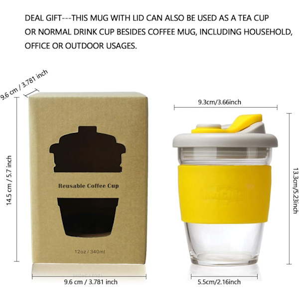 Återanvändbar kaffekopp i glas med lock och halkfri hylsa - Säker, bärbar, hållbar dricksmugg - BPA-fri (Citrongul, 340 ml)