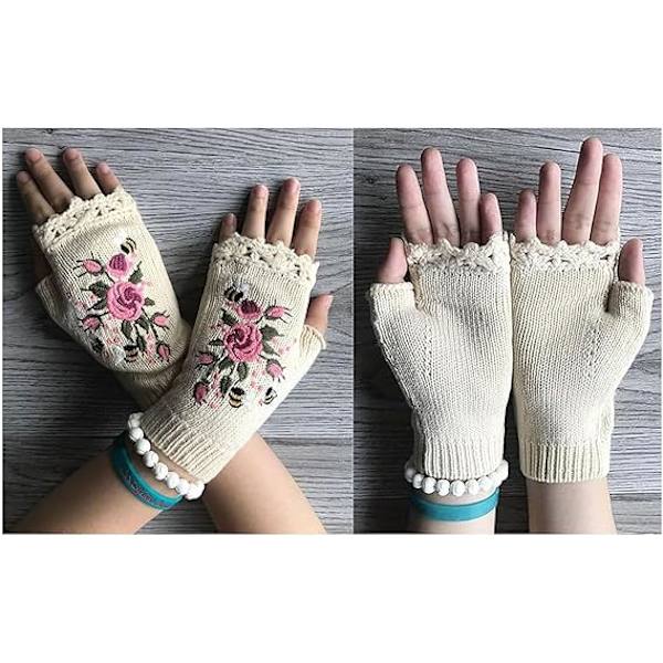 Handbroderade Vantar, 2023 Nya Damernas Stickade Vantar Blommiga Vantar, Vinter Handgjorda Broderade Stickade Fingervantar, 02