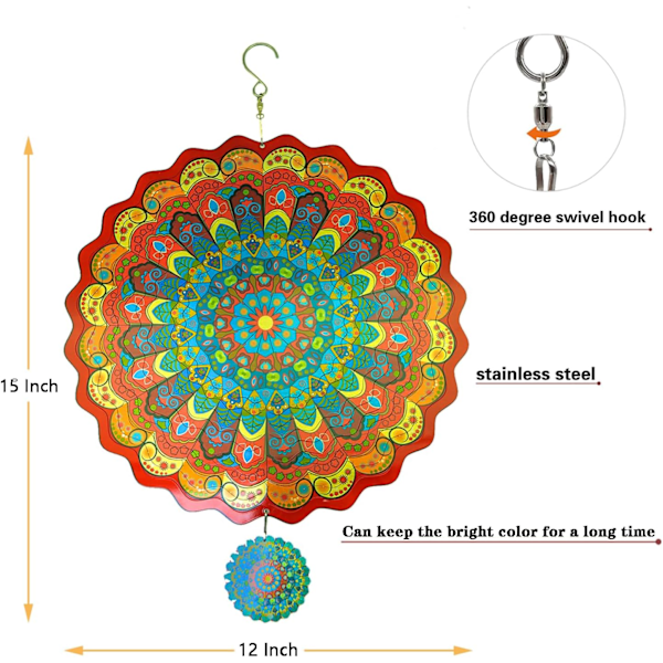 Vindmølle Ute Metall Mandala rød-blå 12 tommer 3D Rustfritt Stål Hage Skulptur 3D Vindmølle Henge Hage Hage Dekor Gi Mandala Red-blue