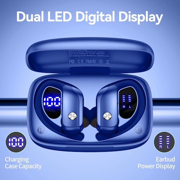 Trådløse øretelefoner Bluetooth-hovedtelefoner 48 timers afspilning Sportsøretelefoner med LED-display Over-ear-knopper med ørekroge Indbygget mikrofonhoved