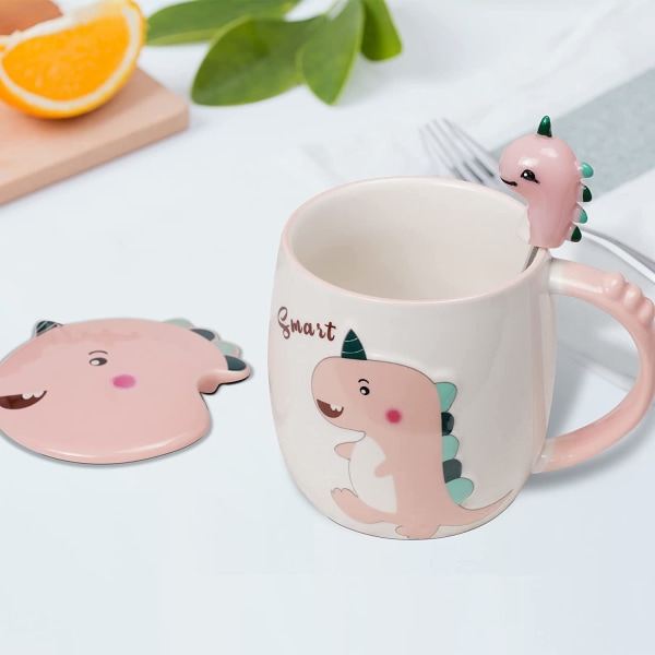 EPFamily Kaffe Krus med Låg og Ske 12oz 3D Sød Dinosaur Keramisk Krus til Venner Børn Gave Give til Jul Pink