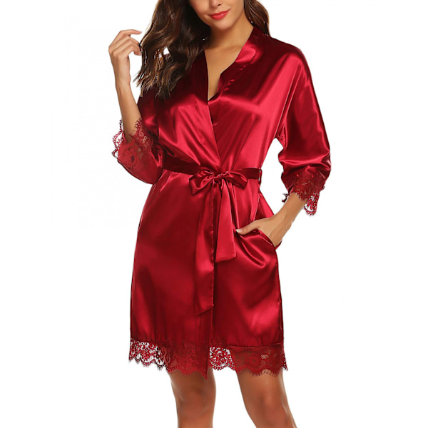 Dame Satin Silke Badekåpe Skrå V-hals Kort Kimono Robe Brudepike Robe  ------ Rød (Størrelse XL)