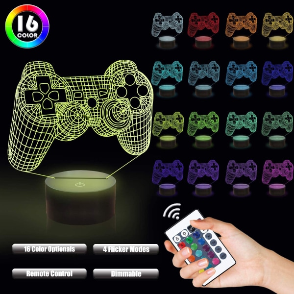 3D Gamepad-lampa Spelkonsol Nattljus 3D Illusion-lampa för barn, 16 färger som kan ändras med fjärrkontroll, Spelrumsspelarpresent, Barnrumsinredning