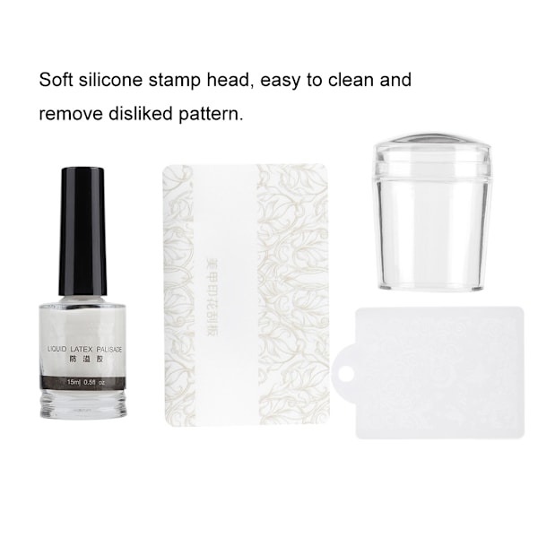 Stempel for negl + skrapeplate + anti-overflow lim (15 ml) - sett med verktøy for neglkunst