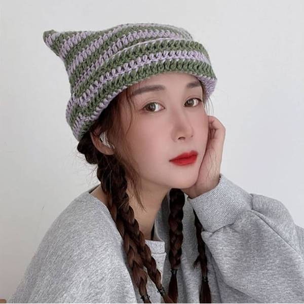 Kvinde Y2K Djævel Striber Vinter Tyk Strikkede Hue Hat, Katteøre Hæklet Slouchy Koreansk Skully Cap Fleece Uld Hat Purple