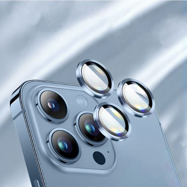 Kameraskydd i metall och härdat glas för iPhone 13 Pro Max, blått CD-mönster