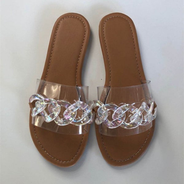 Dam Sandaler Strand Öppen Tå Platt Tofflor Transparent  Mode Färgglad Kedja Klar Slide Flip Flops Slip on Utomhus Strand -----Brun（Storlek 43）