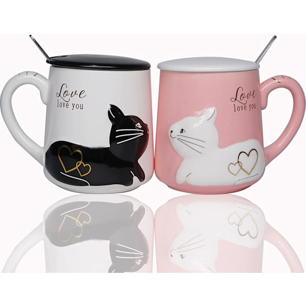 Söt kattkopp Keramisk kaffemuggset med lock sked, Födelsedagspresent Idé för kattälskare Mugg 400ML(tvåpack ，Svart Vit&Rosa Vit)