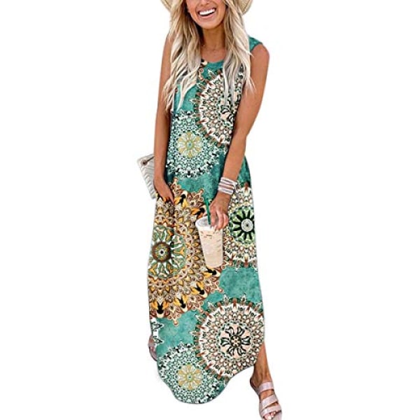 Kvinnors casual solklänning lång klänning ärmlös delad maxi-klänning Sommar strandklänning med fickor ----- Grön （Storlek L）