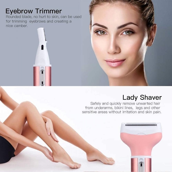 Hår Fjerner til Kvinder, 4 i 1 Elektrisk Dame Shaver Trimmer, Øjenbryn Næse Trimmer, Krop Vandtæt Bikini Ansigtshår Fjernelse til Kvinder, USB Genopladelig