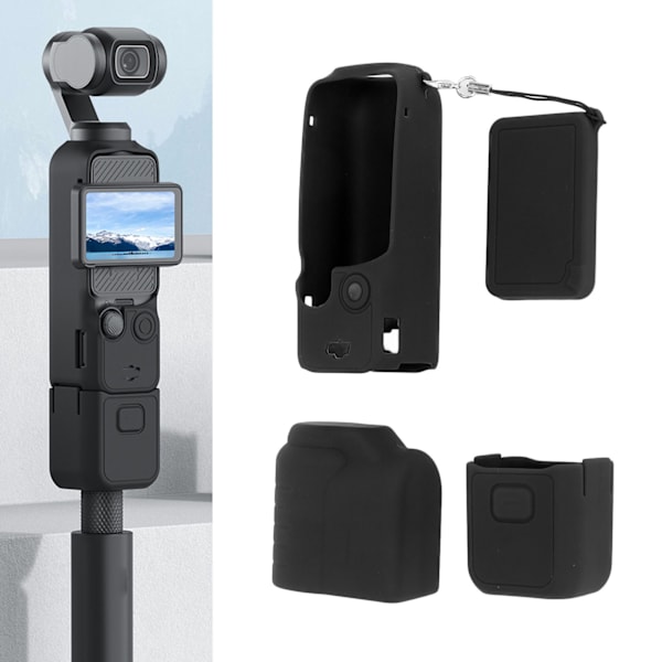 4 i 1 skyddande fodral för Osmo Pocket 3 silikon skärmskydd linsskydd ärm actionkamera tillbehör set med snöre svart