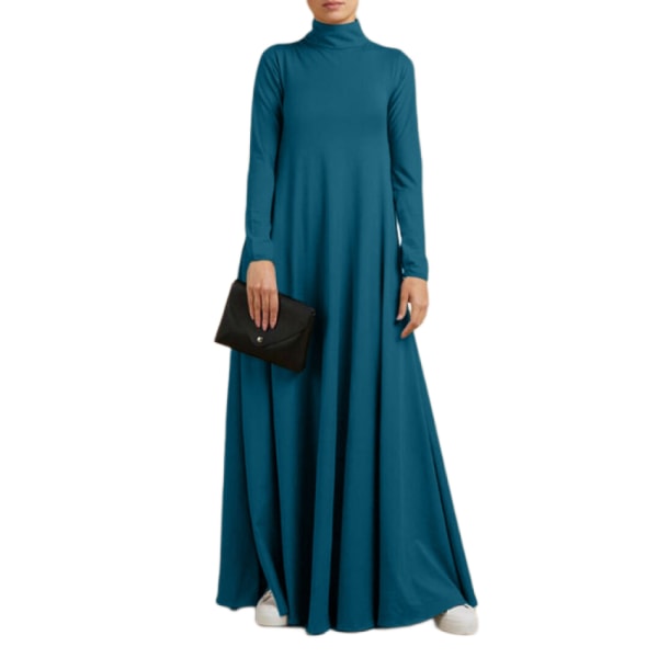 Casual Mode Kvinnor Hög Långärmad Klänning Lång kjol (Blå 2XL)