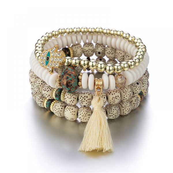 1 st Bohemiska stapelbara pärlorarmband, flerskiktssträckta tofsarmband Flerfärgade smyckenhängande berlockarmband för kvinnor, flickor