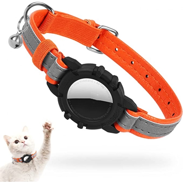 Reflective AirTag Cat Collar, Leather GPS Cat Collar with AirTag Holder and Bell [Orange], Tracker Cat Collars for Girl Boy Cats