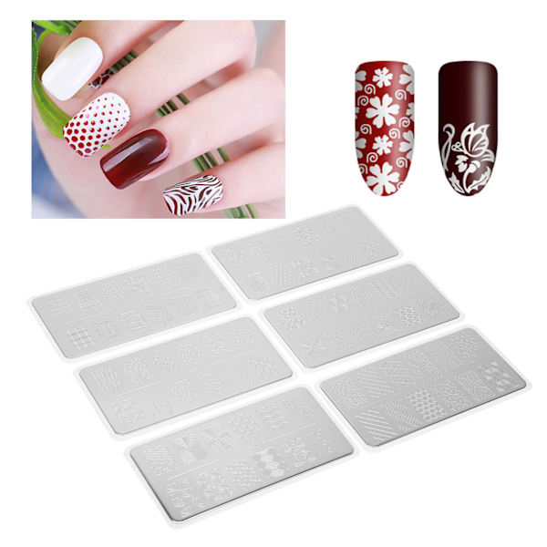 6 stk. neglekunst stemplingsplader i rustfrit stål manicure billede skabelon DIY negle stencil værktøj