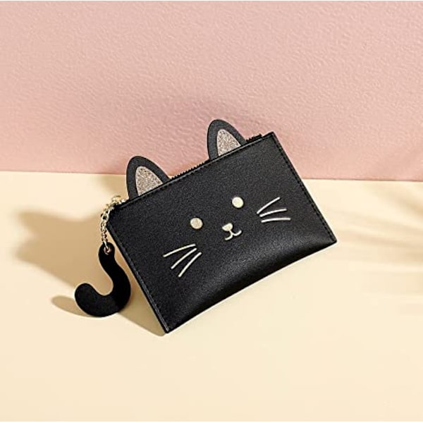 Kawaii Plånbok för Flickor Söt Katt Smal Kortfodral Organizer Veganskt Läder Kvinnor Liten Dragkedja Myntväska, Kattöra Svart