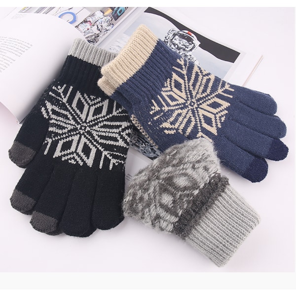 Handskar för män vinter pekskärm plus sammet förtjockad varm stickad femfinger ull kalltålig cykling och körning