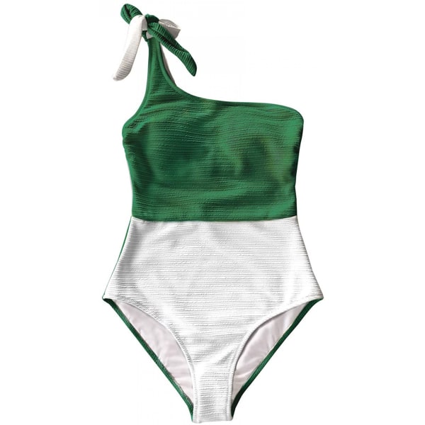 Women's One Piece Swimsuit Color Block One Shoulder Bowknot Bathing Suit, Green, M