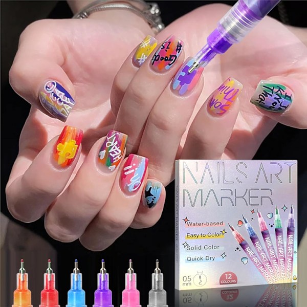 12 Färger Nagelkonst Pennor Set 3D Nagellack Pennor Graffiti Prick Pennor Akrylfärg Pennor Punkt Liner Penna Manikyr Nagel DIY Dekoration