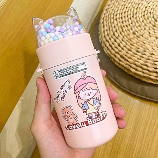 Vanflaske for skolebarn med glitrende rustfritt ståltermos med kattesekvenslokk Cystal-stroppkopp bursdagsgave (jente rosa C, 280 ml)