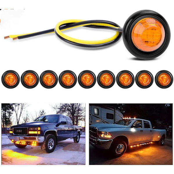 10 stk 3/4” runde klaring LED front bak side indikator kule markørlys for lastebil RV bil buss tilhenger campingvogn båt (12V, rav)